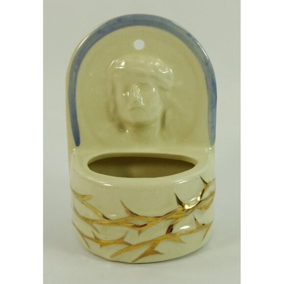 Other - Holy Water Font Wall Hanging Ceramic Jesus Crown of Thorns White Blue USA